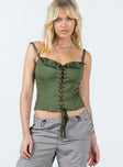 Front view of model wearing  front Princess Polly Sleeveless Square Neck  Paisley Tattoo Corset Top Khaki