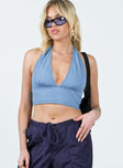 Front view of model wearing  front Princess Polly Sleeveless V-Neck  Motel Nanda Top Denim Stone Wash Blue