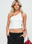 front view of model wearing Princess Polly Buckled Down One Shoulder Top White Sleeveless Asymmetric Neckline 