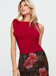 front view of model wearing Princess Polly Rendezvous Top Crimson Sleeveless Crew Neck 