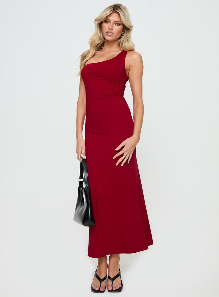 front view of model wearing Princess Polly Smithy Maxi Dress Red Asymmetric Neckline 