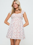 front view of model wearing Princess Polly Carlita Mini Dress White Floral Sweetheart Neckline 