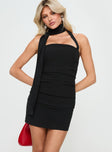 front view of model wearing Princess Polly 1999 Mini Dress Onyx Asymmetric Neckline 