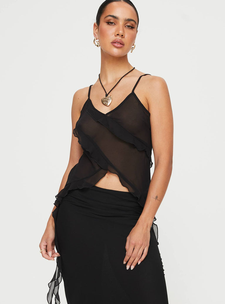 Front view of model wearing  front Princess Polly Sleeveless V-Neck  Rivard Top Black