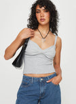 Front view of model wearing  front Princess Polly Sleeveless Cowl  Dalma Twist Top Grey