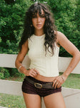 front view of model wearing Princess Polly Angelis Lace Shorts Chocolate High Waisted Shorts 