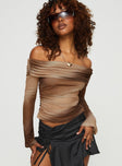 Front view of model wearing  front Princess Polly Full Sleeves Asymmetric Neckline  Lotta Off The Shoulder Top Brown