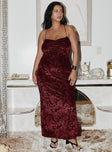 front view of model wearing Princess Polly Zotta Maxi Dress Burgundy Curve Square Neck 