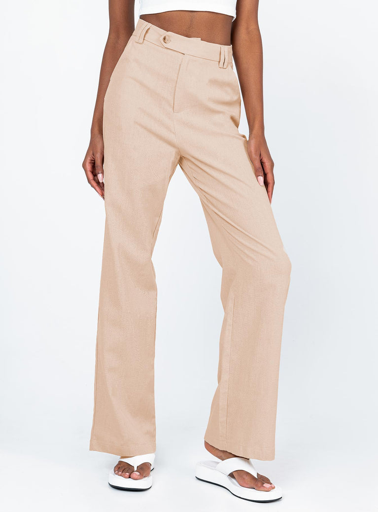 front view of model wearing Princess Polly Lelo Linen Pants Beige 