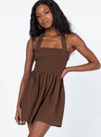 front view of model wearing Princess Polly Rhea Mini Dress Brown Square Neck 