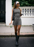 side view of model wearing Princess Polly Karreey Mini Dress Grey Scoop Neck 