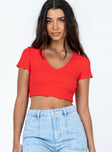 Front view of model wearing  front Princess Polly Short Sleeves Square Neck  Jody Top Red