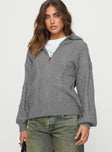 Zip up sweater Knit material, hooded style, exposed zip fastening, ribbed trim Good stretch, unlined 