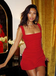 Front view of model wearing  front Princess Polly Square Neck  Bombshell Mini Dress Red