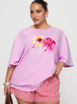 front view of model wearing Princess Polly Hibiscus Haven Oversized Tee Pink Curve Half Sleeves Crew Neck 