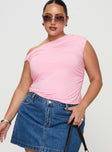 front view of model wearing Princess Polly Beller Top Pink Curve Sleeveless Asymmetric Neckline 