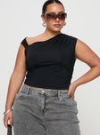 front view of model wearing Princess Polly Ander Top Black Curve Short Sleeves Asymmetric Neckline 