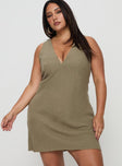 front view of model wearing Princess Polly Portillo Linen Blend Mini Dress Olive Curve Plunger 