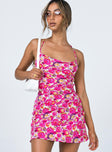 front view of model wearing Princess Polly Celena Mini Dress Pink Floral 