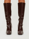 Knee-high boots Faux croc leather material, zip fastening at inside, square toe, stiletto heel