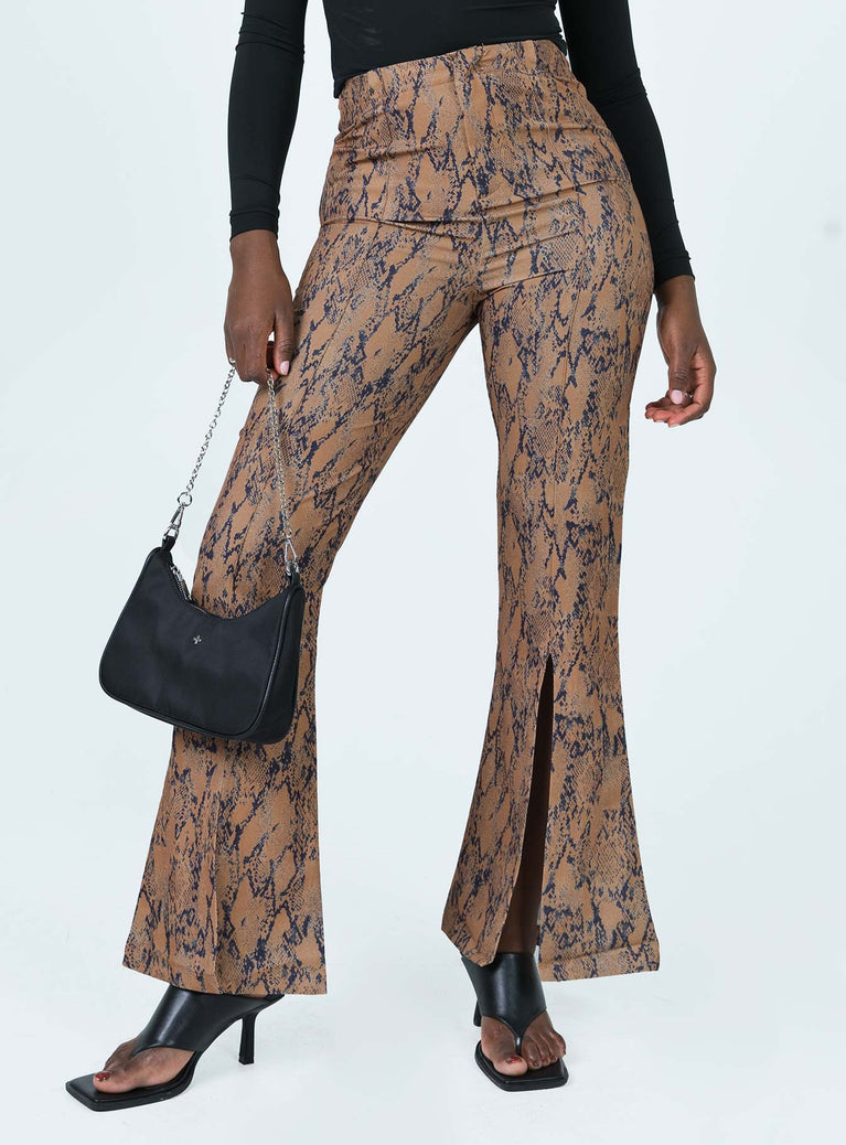 front view of model wearing Princess Polly Devotion Snake Print Pants Brown 