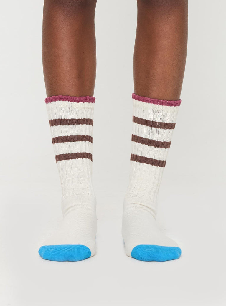 Thick knit crew socks, striped design