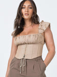 front view of model wearing Princess Polly Harry Top Beige 