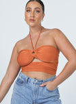 front view of model wearing Princess Polly Loriella Ring Detail Crop Top Rust 