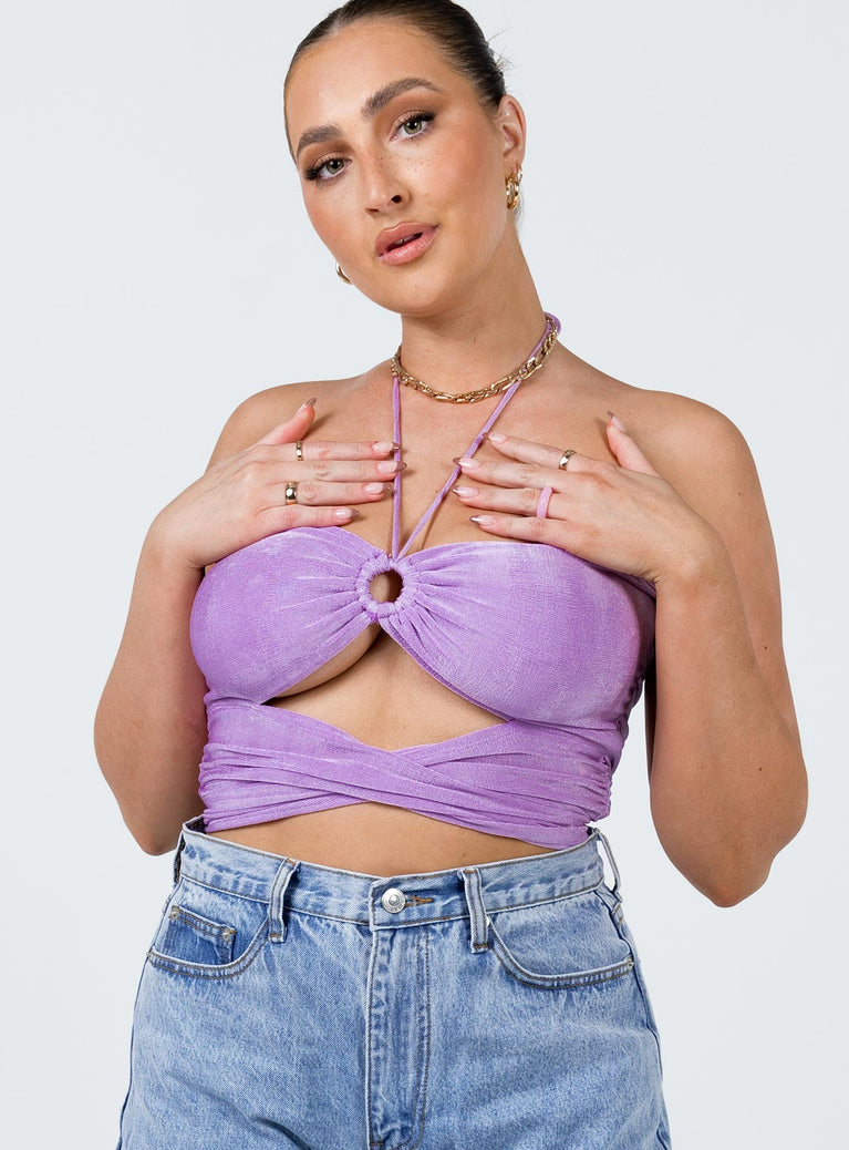 front view of model wearing Princess Polly Loriella Ring Detail Crop Top Purple 