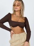 front view of model wearing Princess Polly Becca Long Sleeve Crop Top Brown Full Sleeves Square Neck 