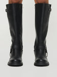 Black riding boots Low block heel, closed pointed toe, silver toned hardware