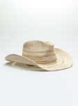 Cowboy hat Woven straw look  Adjustable drawstring Mouldable brim  Adjustable inner band 