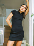 Front view of model wearing  front Princess Polly High Neck  Classic Mini Dress Black Tall