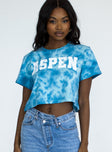 front view of model wearing Princess Polly Annandale Blue Tie-Dye Cropped Tee 