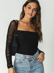 side view of model wearing Princess Polly Delany Bodysuit Black Tall Full Sleeves Square Neck 