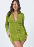 front view of model wearing Princess Polly Elody Long Sleeve Mini Dress Green 