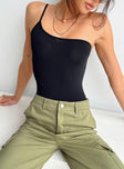 front view of model wearing Princess Polly Hutter Bodysuit Black Sleeveless Asymmetric Neckline 