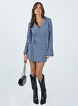 Front view of model wearing  front Princess Polly V-Neck  Kyah Wrap Blazer Dress Navy