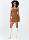 front view of model wearing Princess Polly Emmaline Strapless Mini Dress Brown Square Neck 