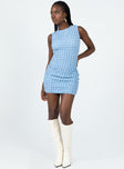 side view of model wearing Princess Polly Kendrick Mini Dress Blue Crew Neck 