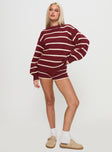 front view of model wearing Princess Polly Read Your Mind Knit Short Maroon Stripe High Waisted Shorts 