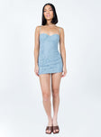 front view of model wearing Princess Polly Fay Mini Dress Blue Sweetheart Neckline 