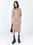 Front view of model wearing  front Princess Polly High Neck  Tiarnie Midi Dress Beige