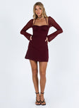 front view of model wearing Princess Polly Dyer Sheer Sleeve Mini Dress Burgundy Sweetheart Neckline 