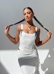 Front view of model wearing  front Princess Polly Sleeveless Square Neck  Vineyard Corset Top White