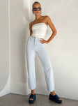 Front view of model wearing  front Princess Polly High Waisted  Layton Straight Leg Light Wash Jean Denim