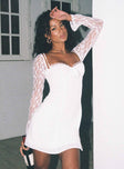 Front view of model wearing  front Princess Polly Sweetheart Neckline  Ashwood Lace Sleeve Mini Dress White