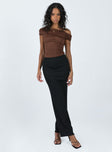 front view of model wearing Princess Polly Stocklin Off Shoulder Bodysuit Chocolate Short Sleeves straight 