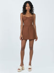 Front view of model wearing  front Princess Polly Crew Neck  Lesley Mini Dress Brown