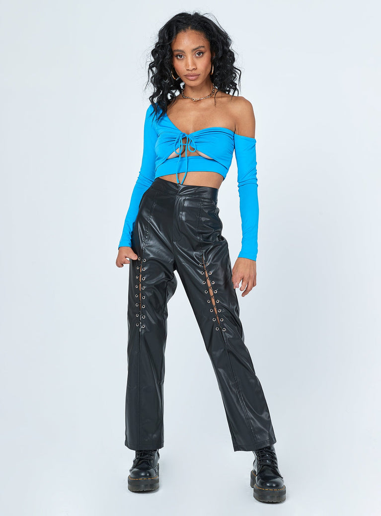 front view of model wearing Princess Polly Trouble PU Laced Up Pants Black 